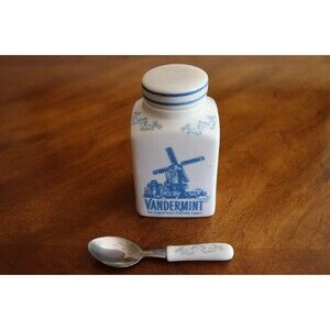Vandermint Original Chocolate Liqueur Jar Lidded and Spoon Set Dutch Windmill